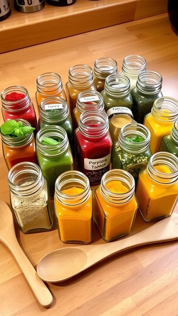 A variety of spices and herbs in jars on a kitchen counter, ready for cooking.